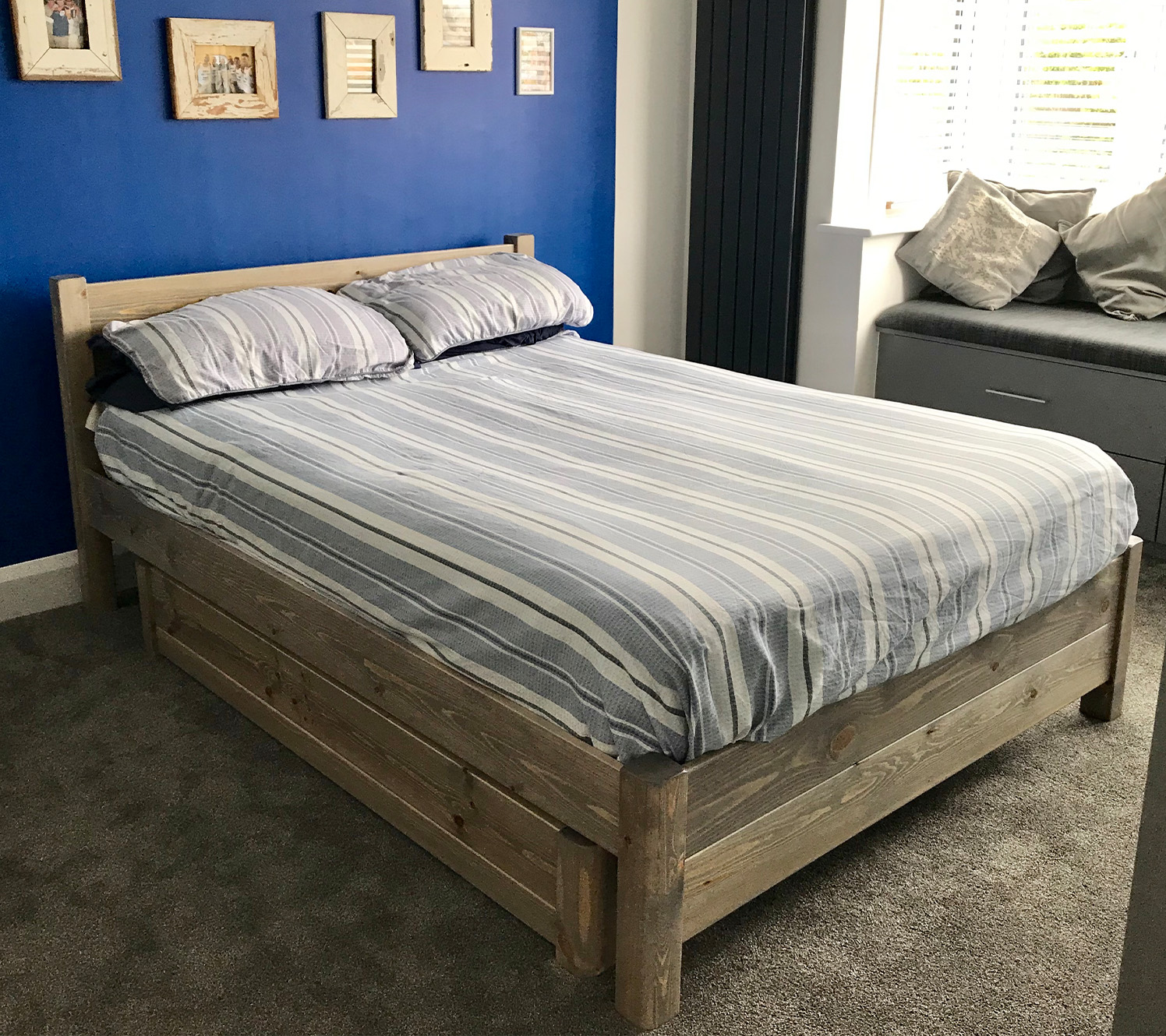 Gray and blue bedroom storage